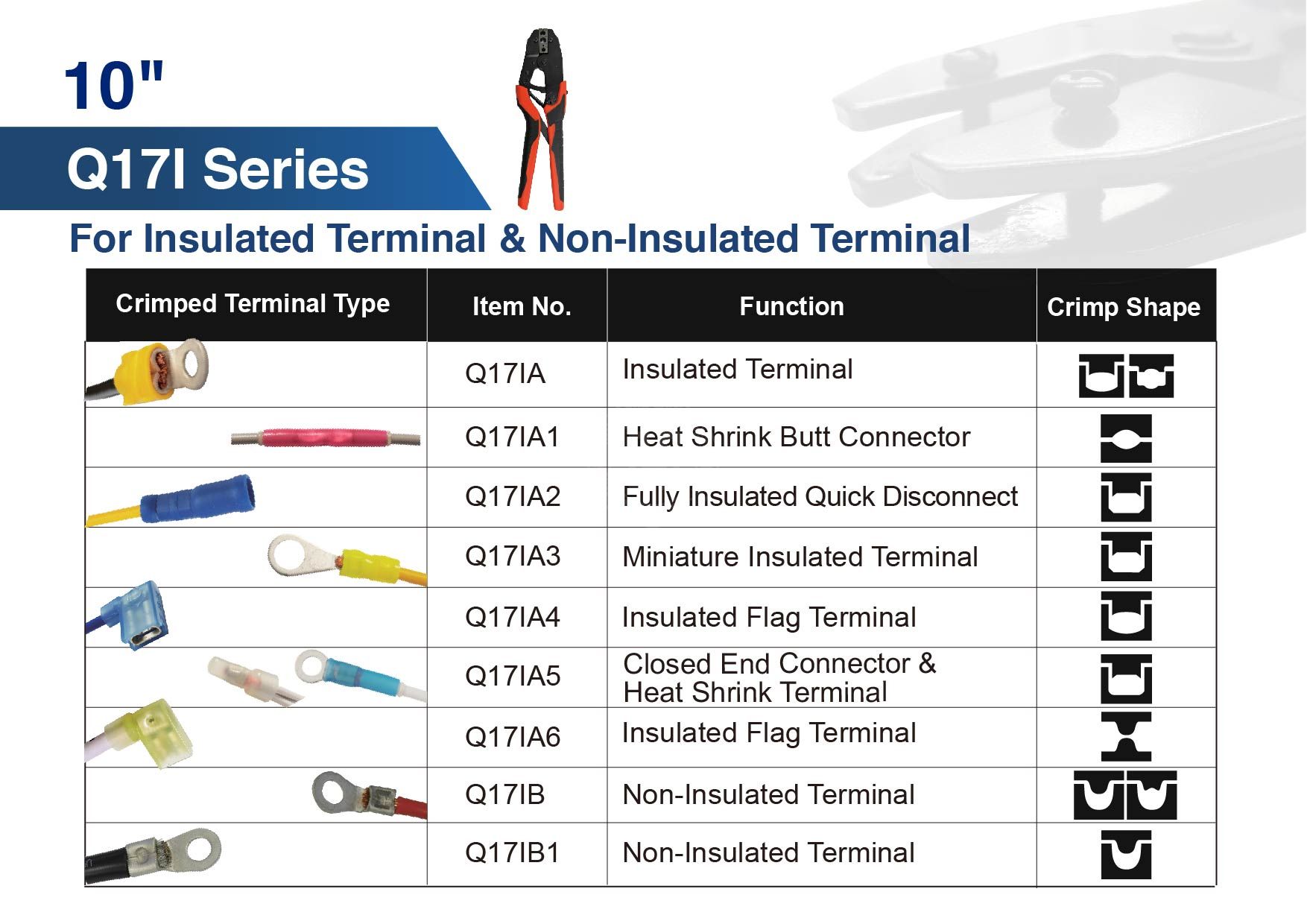 The Q Series 10" Fixed-Type Ratchet Crimper is a durable, professional-grade tool designed to handle a wide range of terminal types—including insulated, non-insulated, open barrel, solar, waterproof, TE, Yazaki, Anderson Power, and BNC connectors. With an efficient ratcheting mechanism, quick-release safety lever, and adjustable crimp force, this tool ensures precision and reliability for automotive, industrial, and solar wiring applications.