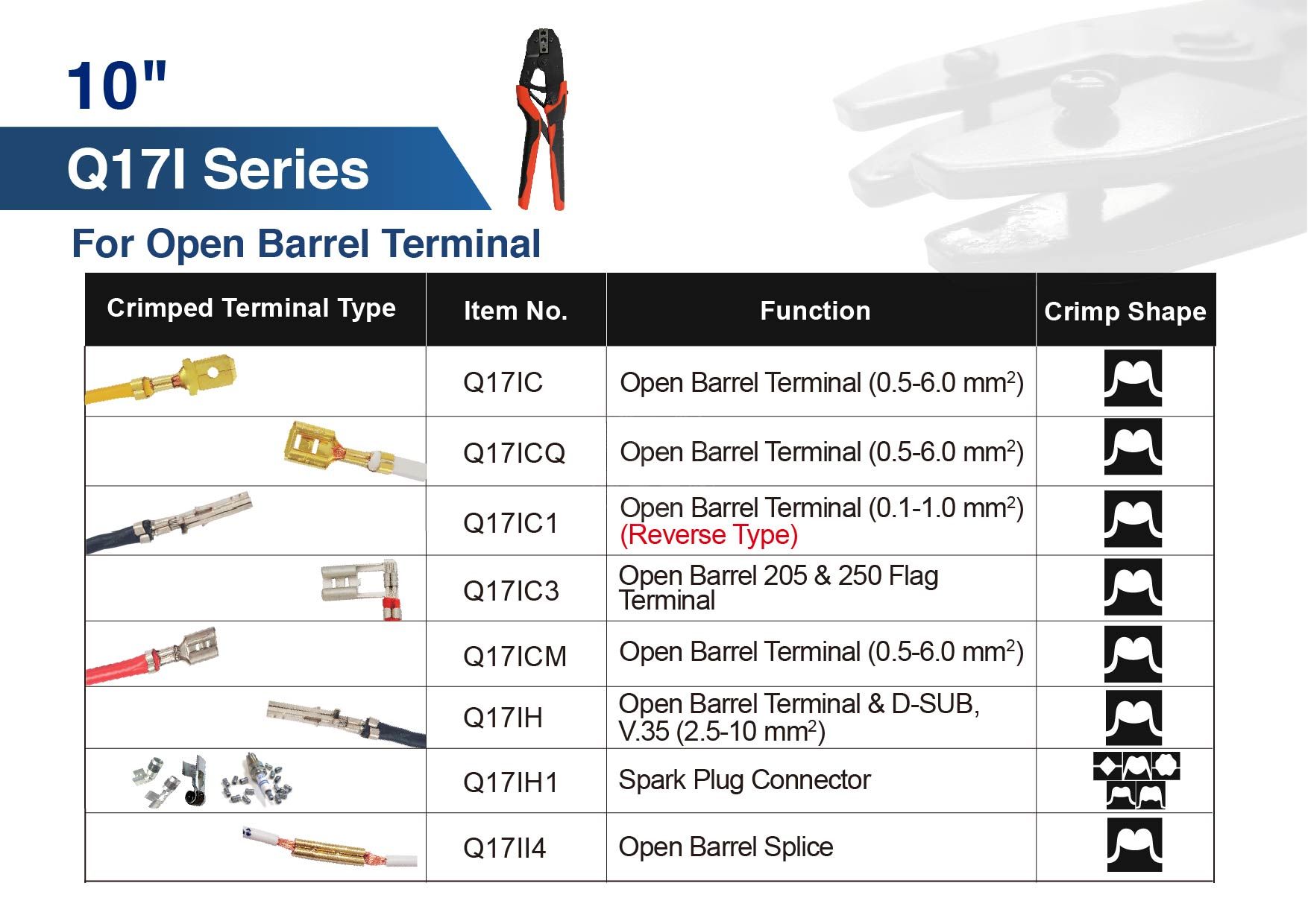 The Q Series 10" Fixed-Type Ratchet Crimper is a durable, professional-grade tool designed to handle a wide range of terminal types—including insulated, non-insulated, open barrel, solar, waterproof, TE, Yazaki, Anderson Power, and BNC connectors. With an efficient ratcheting mechanism, quick-release safety lever, and adjustable crimp force, this tool ensures precision and reliability for automotive, industrial, and solar wiring applications.