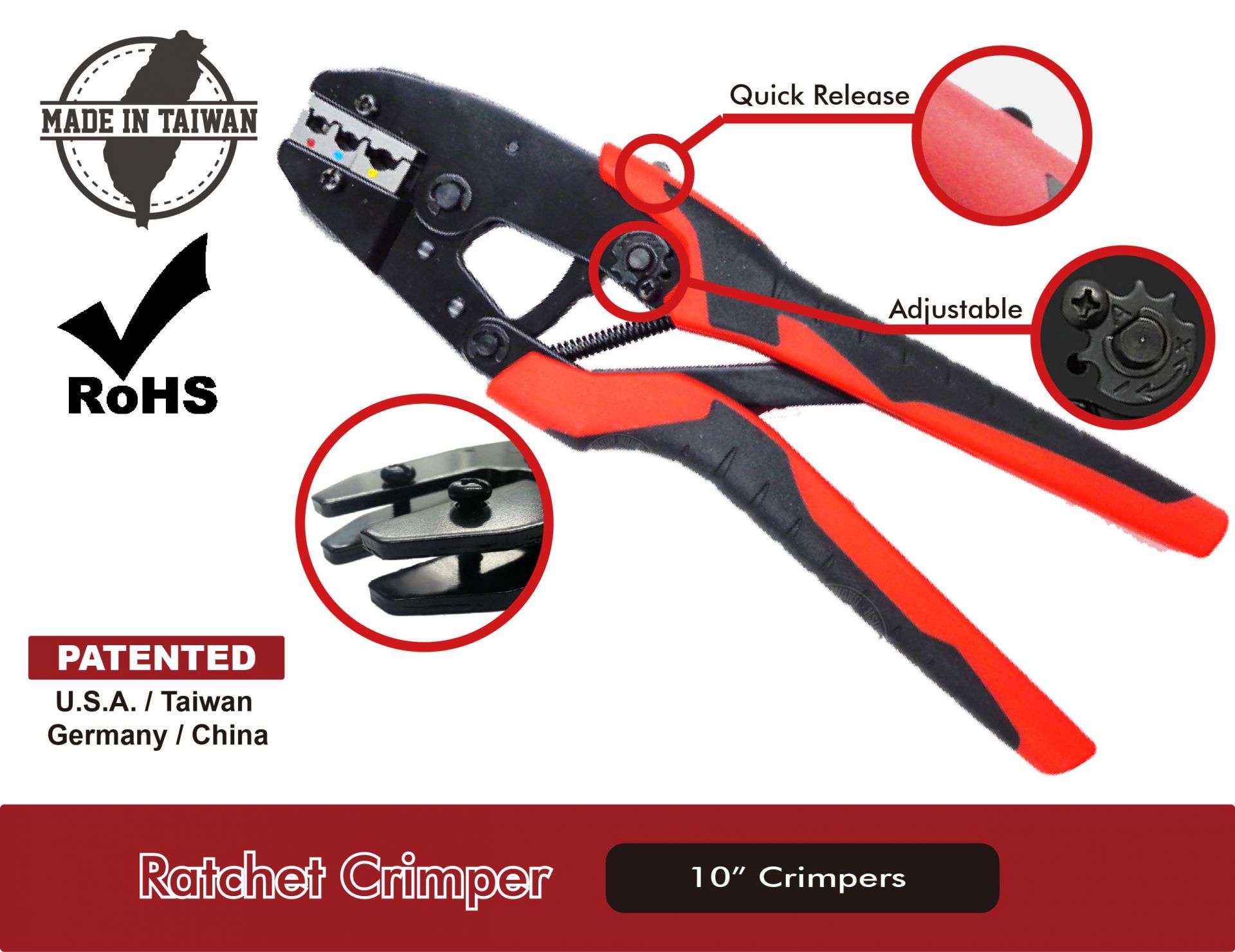 The Q Series 10" Fixed-Type Ratchet Crimper is a durable, professional-grade tool designed to handle a wide range of terminal types—including insulated, non-insulated, open barrel, solar, waterproof, TE, Yazaki, Anderson Power, and BNC connectors. With an efficient ratcheting mechanism, quick-release safety lever, and adjustable crimp force, this tool ensures precision and reliability for automotive, industrial, and solar wiring applications.