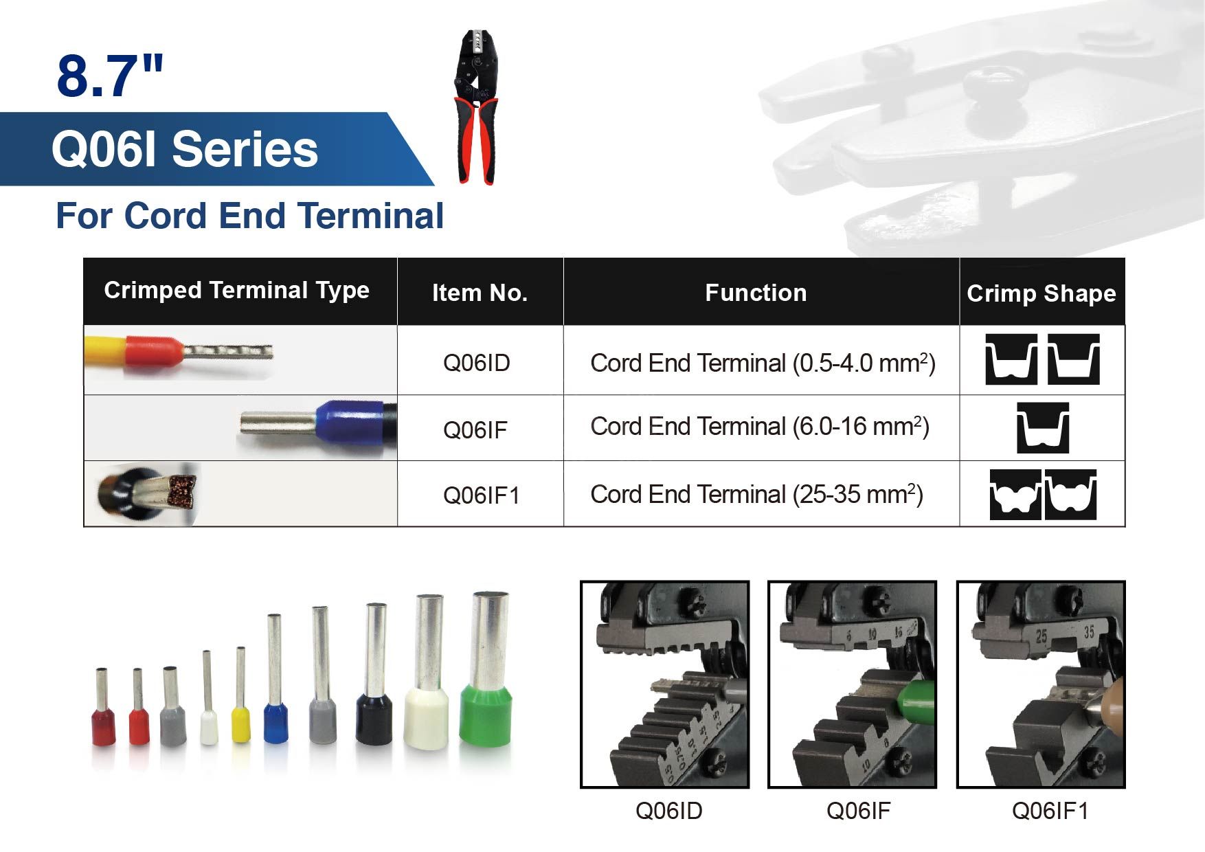 The Q Series 8.7" Fixed-Type Ratchet Crimper is engineered for professionals seeking precision and versatility. This hand tool supports a wide range of terminal types—including insulated, non-insulated, BNC, open barrel, cord end, waterproof (Weather Pack, Superseal 1.5, Deutsch), TE Timer, Yazaki, and Anderson Power connectors. It features an efficient ratcheting mechanism, quick-release safety lever, adjustable crimping force, and ergonomic non-slip handles for repeatable, high-quality crimps.