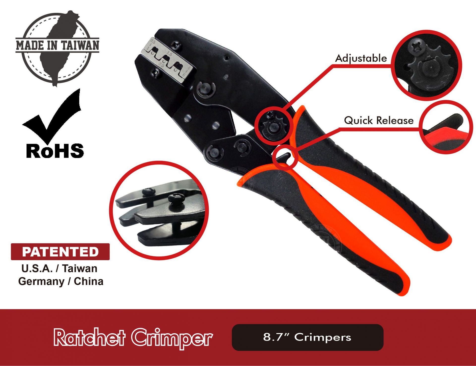 The Q Series 8.7" Fixed-Type Ratchet Crimper is engineered for professionals seeking precision and versatility. This hand tool supports a wide range of terminal types—including insulated, non-insulated, BNC, open barrel, cord end, waterproof (Weather Pack, Superseal 1.5, Deutsch), TE Timer, Yazaki, and Anderson Power connectors. It features an efficient ratcheting mechanism, quick-release safety lever, adjustable crimping force, and ergonomic non-slip handles for repeatable, high-quality crimps.