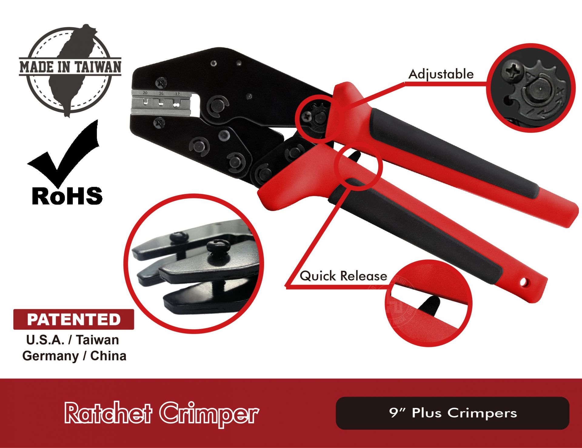 Engineered for automotive and industrial pros, the Q Series 9" Plus crimper supports a wide range of terminals—from BNC and solar connectors to Yazaki and Anderson Power—featuring adjustable crimp force, a ratcheting mechanism, and quick-release safety for secure, repeatable results.